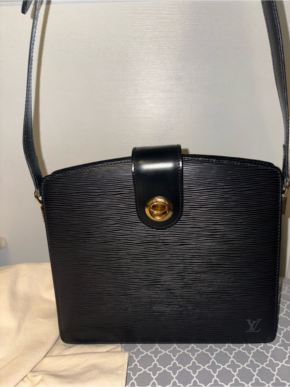 High End Designer Inspired Black Textured Leather Crossbody Bag with Gold-Tone